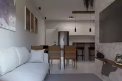 Quarto com cama de casal, painel de madeira com TV e cortina de voile — Tramonto em Ingleses, Florianópolis