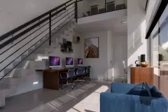Espaço coworking com mesa longa, cadeiras executivas e computadores — Tramonto em Ingleses, Florianópolis
