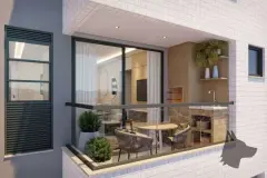 Varanda gourmet com churrasqueira em pedra, mesa, cadeiras e vista para o interior do apartamento — Unity em Estreito, Florianópolis