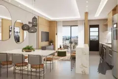 Sala integrada com mesa de jantar em mármore, ilha, cozinha, TV e janela com vista para a cidade — Unity em Estreito, Florianópolis