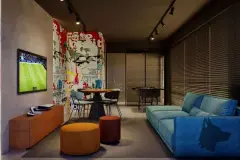 Sala de jogos dark com TV passando futebol, sofá azul, mesa, pufes e grafite colorido na parede — Unity em Estreito, Florianópolis