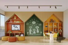Brinquedoteca com nichos em forma de casinhas coloridas, lousa, brinquedos e mesa de arte — Unity em Estreito, Florianópolis