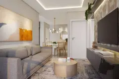 Sala de estar com sofá cinza, TV em painel de pedra, mesa de jantar e iluminação elegante — Unity em Estreito, Florianópolis