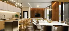 Pub festas com bancada, ilha, mesa de jantar, TV e mesa de pebolim ao fundo — Unna Studios em Trindade, Florianópolis