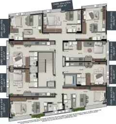 Planta baixa do pavimento tipo com 8 unidades studios de 27 a 53 m² — Unna Studios em Trindade, Florianópolis