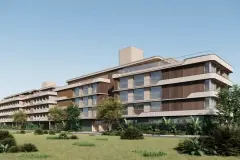 Fachada do empreendimento com 4 andares, varandas e jardim com árvores ao redor — Upside Beach em Ponta das Canas, Florianópolis