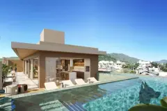 Piscina no rooftop com espreguiçadeiras, guarda-sol, churrasqueira e vista para bairro e morros — Upside Beach em Ponta das Canas, Florianópolis