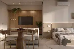 Sala de estar com painel de ripas, TV embutida, sofá e mesa de jantar com janela — Upside Beach em Ponta das Canas, Florianópolis