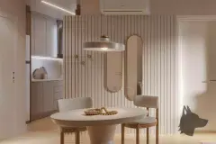 Sala integrada com sofá bege, painel de ripas, mesa e cozinha com janela para varanda — Upside Beach em Ponta das Canas, Florianópolis