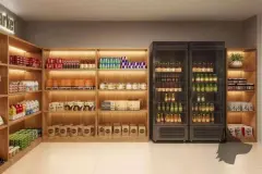 Mini market com prateleiras iluminadas cheias de produtos e geladeiras de bebidas — Upside Beach em Ponta das Canas, Florianópolis