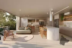 Espaço gourmet amplo com ilha redonda de mármore, bar, sala e cozinha integrados com abertura para o jardim — Upside Beach em Ponta das Canas, Florianópolis