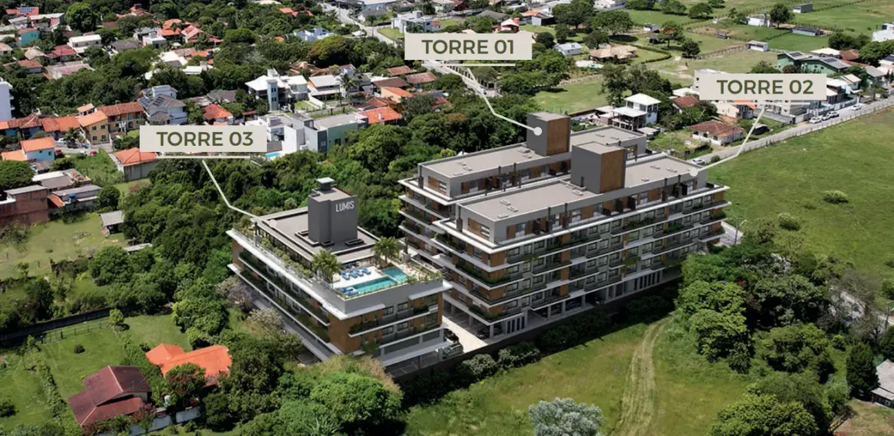 Vista aérea do conjunto com três torres identificadas (Torre 01, 02 e 03), piscina no rooftop e vegetação densa ao redor no Campeche — Vergê en Campeche, Florianópolis