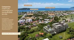 Vista aérea do empreendimento Vergê no Campeche com mapa de localização indicando Ilha do Campeche, Playa do Campeche e Playa Lomba do Sabão ao fundo — Vergê en Campeche, Florianópolis