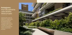 Boulevard central paisagístico com vegetação nativa densa, bancos de madeira e varandas verdes do edifício Lumis ao fundo — Vergê en Campeche, Florianópolis