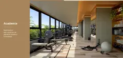 Academia ampla com aparelhos de musculação, janela panorâmica com vista para vegetação e acessórios de treino funcional — Vergê en Campeche, Florianópolis