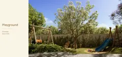 Playground ao ar livre com balanço de madeira, escorregador e caixa de areia entre árvores floridas — Vergê en Campeche, Florianópolis