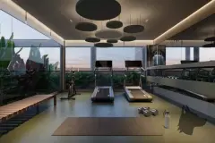 Academia com duas esteiras, bike ergométrica, halteres e janela panorâmica com vista ao entardecer, pendentes circulares no teto — Verset em Campeche, Florianópolis