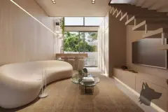 Sala de estar duplex com sofá curvo branco, mesa de centro de vidro, escada lateral e pé-direito duplo com janela para jardim — Verset em Campeche, Florianópolis