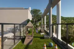 Pet place gramado com casinha de madeira, criança com cão e vista para as montanhas ao fundo — Verset em Campeche, Florianópolis