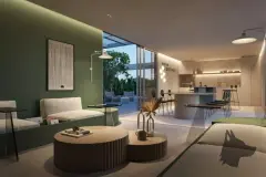 Sala de estar integrada com cozinha, paredes verde-escuro, sofá, mesas redondas de madeira e janela deslizante para varanda — Verset em Campeche, Florianópolis