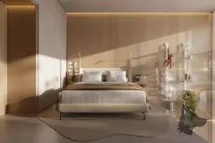 Quarto de casal com painel de madeira clara, cama com roupa branca, prateleira suspensa e luz solar filtrada pelas persianas — Verset em Campeche, Florianópolis