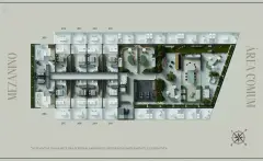 Planta baixa do mezanino com área comum central incluindo lounge e espaço gourmet, unidades 201 a 210 ao redor — Verset em Campeche, Florianópolis