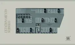 Planta baixa do estacionamento subsolo com 36 vagas numeradas, vagas de motocicleta e circulação central — Verset em Campeche, Florianópolis