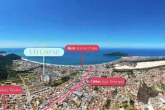Vista aérea do bairro Ingleses com destaque na localização do empreendimento, 1 km do acesso à praia e 700 m da Rodovia Principal — Viel Spaβ em Ingleses, Florianópolis