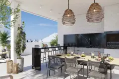 Espaço gourmet externo no rooftop com bancada de mármore preto, mesa de jantar, bancos altos e luminárias de vime — Viel Spaβ em Ingleses, Florianópolis