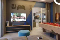 Gaming zone com TV grande, console PlayStation, mesa de sinuca vermelha e poltrona azul turquesa — Viel Spaβ em Ingleses, Florianópolis