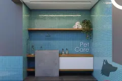 Pet care com paredes de pastilha azul, mesa de alvenaria, prateleira de madeira e letreiro Pet Care — Viel Spaβ em Ingleses, Florianópolis