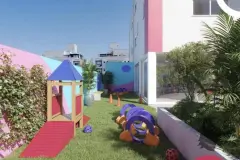 Playground externo gramado com casinha de madeira azul, escorregador e brinquedos coloridos — Viel Spaβ em Ingleses, Florianópolis