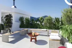 Terraço externo com fogão a lenha de corten, bancos de concreto e madeira e vegetação tropical ao fundo — Viel Spaβ em Ingleses, Florianópolis