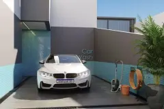 Car wash interno com carro branco, paredes de pastilha azul e mangueira retrátil — Viel Spaβ em Ingleses, Florianópolis