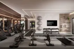 Academia com esteiras, bicicletas ergométricas, halteres e bolas de pilates, iluminação LED indireta — Villa Maggiore em João Paulo, Florianópolis