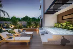 Terraço privativo ao entardecer com hidromassagem, espreguiçadeiras em madeira e jardim tropical — Villa Maggiore em João Paulo, Florianópolis