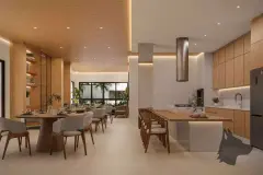 Espaço gourmet com teto revestido em madeira, mesa de jantar oval, ilha de cozinha e exaustor cilíndrico — Villa Maggiore em João Paulo, Florianópolis