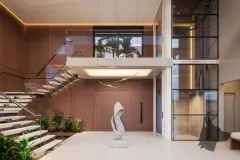 Hall de entrada com escada flutuante, escultura em pedra, elevador envidraçado e revestimento em madeira — Villa Maggiore em João Paulo, Florianópolis
