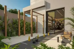 Área de treino funcional ao ar livre com pergolado de madeira, kettlebells e cones, academia ao fundo — Villa Maggiore em João Paulo, Florianópolis