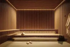Sauna seca revestida inteiramente em ripas de madeira com banco e toalhas enroladas — Villa Maggiore em João Paulo, Florianópolis