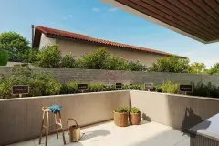 Horta comunitária com bancadas de concreto, vasos de ervas aromáticas e plantas no terraço — Villa Maggiore em João Paulo, Florianópolis