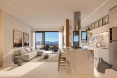 Sala integrada com cozinha e ilha em mármore, exaustor cilíndrico, sofá bege e varanda com vista para morros — Villa Maggiore em João Paulo, Florianópolis