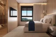 Suíte com cama de casal, closet envidraçado, TV em painel de madeira e janela com vista para mata — Villa Maggiore em João Paulo, Florianópolis