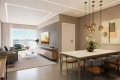 Sala de estar e jantar com painel de TV ripado, mesa com pendentes dourados, sofá e sacada — Vision 1617 em Saco Grande, Florianópolis