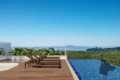 Rooftop com piscina infinity, deck, espreguiçadeiras e hidromassagem com vista para a baía — Vision 1617 em Saco Grande, Florianópolis