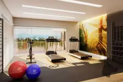 Academia com esteiras, bicicleta ergométrica, bolas de pilates e painel mural motivacional — Vision 1617 em Saco Grande, Florianópolis