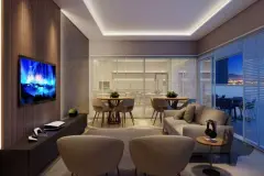 Sala de estar com TV em painel de madeira escura, sofás, poltronas e sacada com vista noturna — Vision 1617 em Saco Grande, Florianópolis