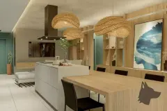 Sala de jantar com mesa de madeira, cadeiras, pendentes de vime, ilha de cozinha e estante com obra de arte — Viva Balneário Estreito em Balneário, Florianópolis
