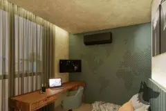 Dormitório com mesa de trabalho, TV na parede verde com estampa geométrica, ar-condicionado e cortinas — Viva Balneário Estreito em Balneário, Florianópolis