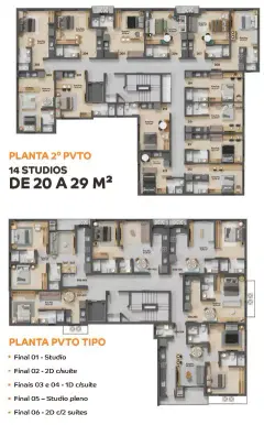 Planta baixa do 2º pavimento com 14 studios de 20 a 29 m² e planta tipo com studios e apartamentos de 1 e 2 dormitórios — VYU One em Coqueiros, Florianópolis
